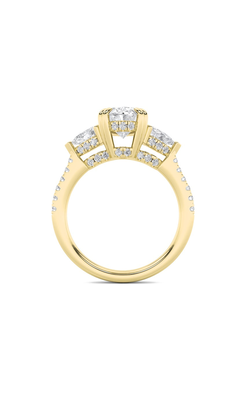 3Cttw Oval Shaped Lab Grown Diamond (F/VS) Three Stone Accented Engagement Ring in 14K Gold