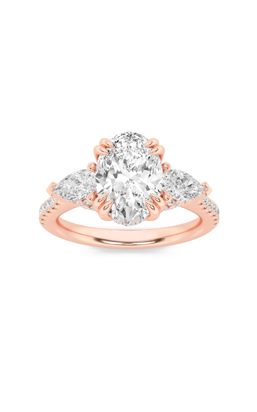 3Cttw Oval Shaped Lab Grown Diamond (F/VS) Three Stone Accented Engagement Ring in 14K Gold