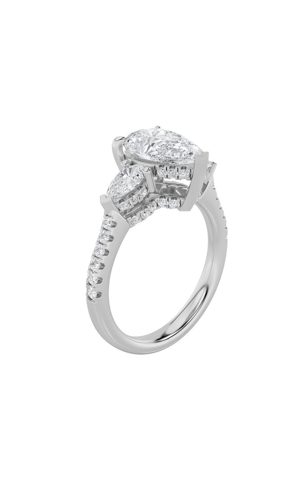 3Cttw Pear Shaped Lab Grown Diamond (F/VS) Three Stone Accented Engagement Ring in 14K Gold