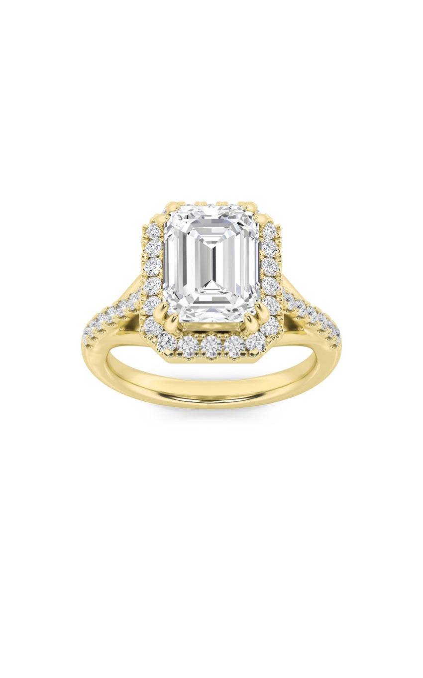 3Cttw Emerald Shaped Lab Grown Diamond (F/VS) Halo Accented Engagement Ring in 14K Gold
