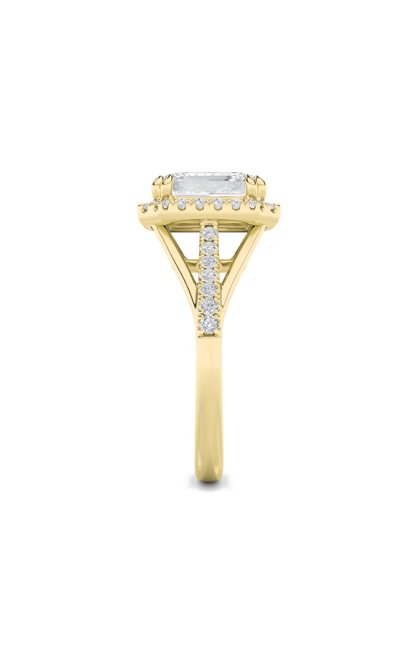3Cttw Emerald Shaped Lab Grown Diamond (F/VS) Halo Accented Engagement Ring in 14K Gold