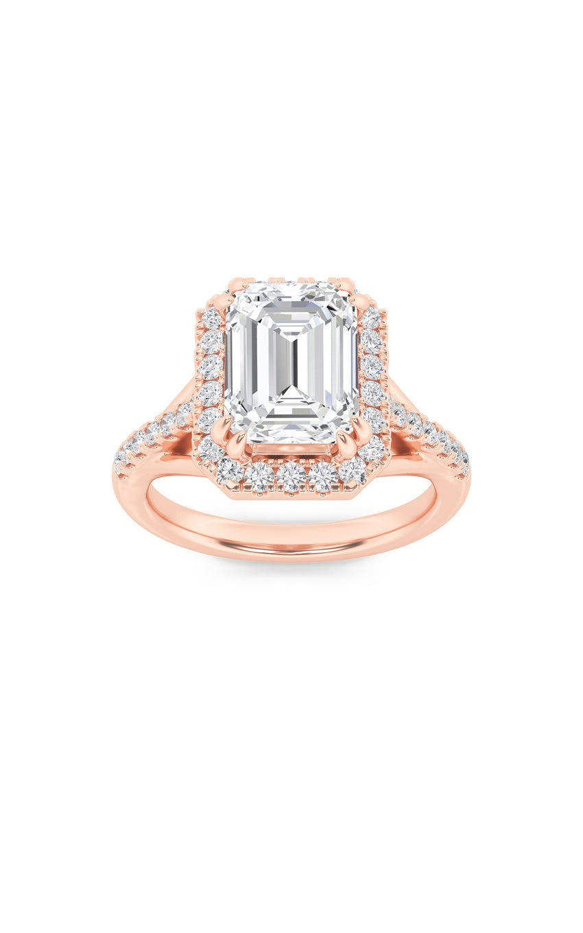 3Cttw Emerald Shaped Lab Grown Diamond (F/VS) Halo Accented Engagement Ring in 14K Gold