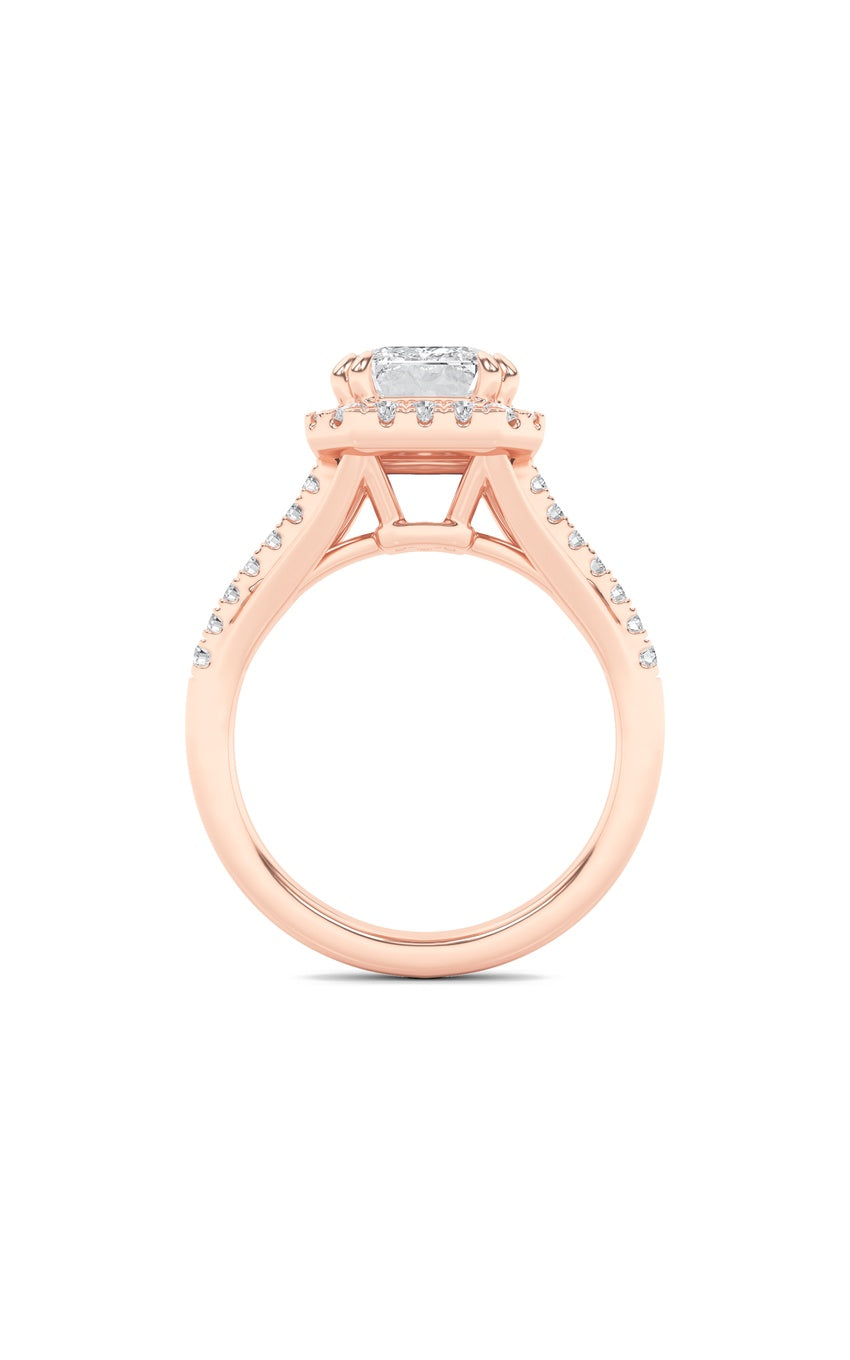 3Cttw Emerald Shaped Lab Grown Diamond (F/VS) Halo Accented Engagement Ring in 14K Gold