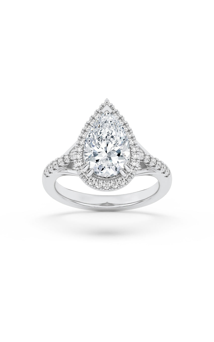 3Cttw Pear Shaped Lab Grown Diamond (F/VS) Halo Accented Engagement Ring in 14K Gold