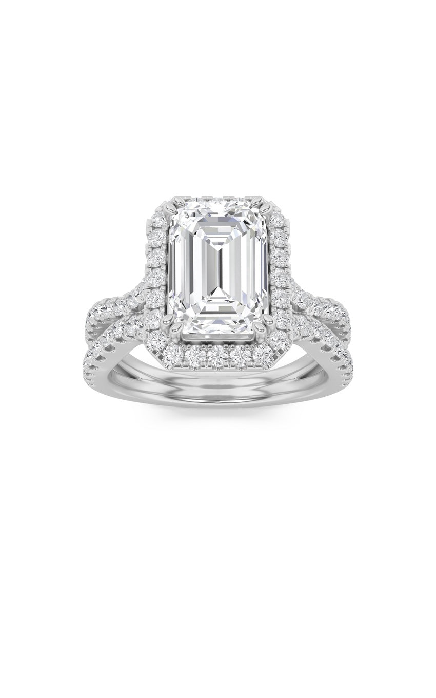 4Cttw Emerald Shaped Lab Grown Diamond (F/VS) Split Shank Halo Engagement Ring in 14K Gold