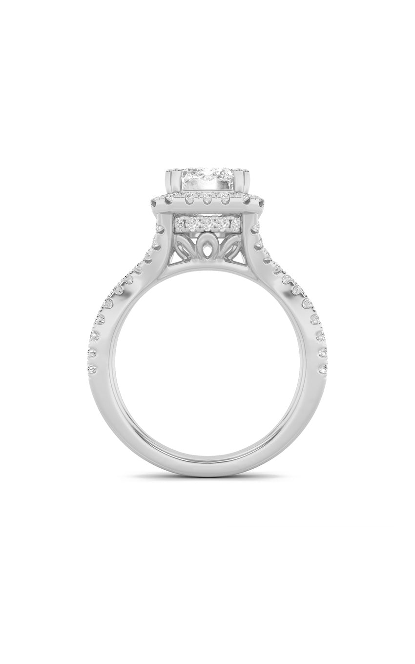 4Cttw Emerald Shaped Lab Grown Diamond (F/VS) Split Shank Halo Engagement Ring in 14K Gold