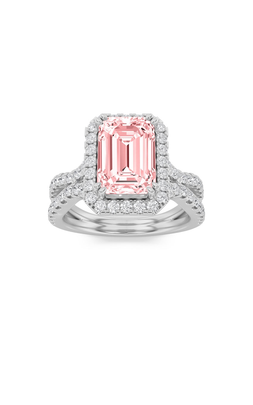 4Cttw Emerald Shaped Lab Grown Diamond (F/VS) Split Shank Halo Engagement Ring in 14K Gold