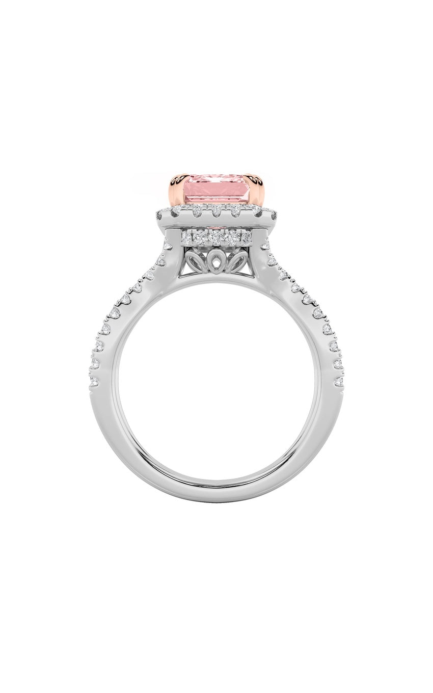 4Cttw Emerald Shaped Lab Grown Diamond (F/VS) Split Shank Halo Engagement Ring in 14K Gold