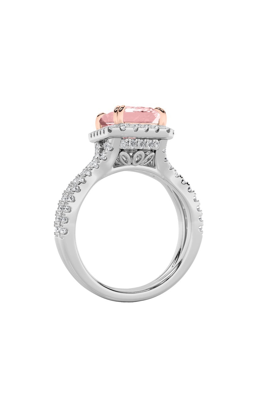 4Cttw Emerald Shaped Lab Grown Diamond (F/VS) Split Shank Halo Engagement Ring in 14K Gold