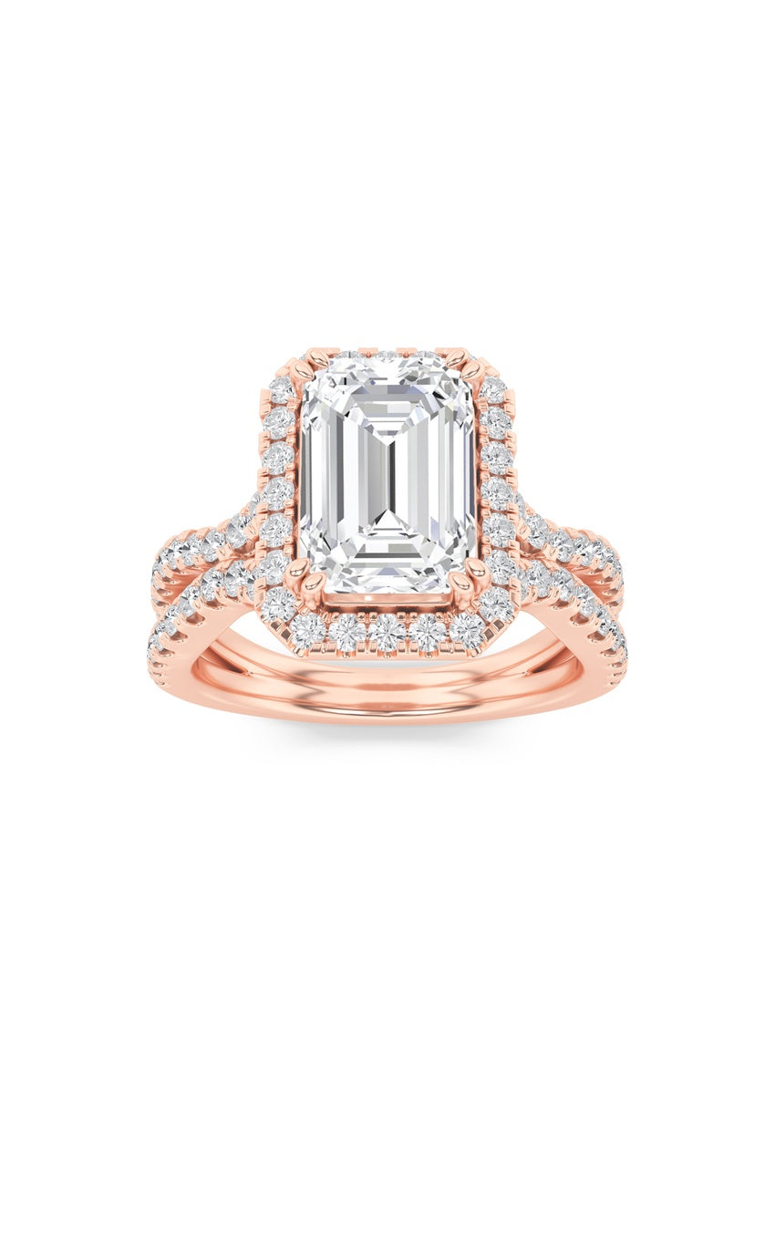 4Cttw Emerald Shaped Lab Grown Diamond (F/VS) Split Shank Halo Engagement Ring in 14K Gold