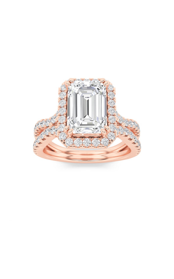 4Cttw Emerald Shaped Lab Grown Diamond (F/VS) Split Shank Halo Engagement Ring in 14K Gold