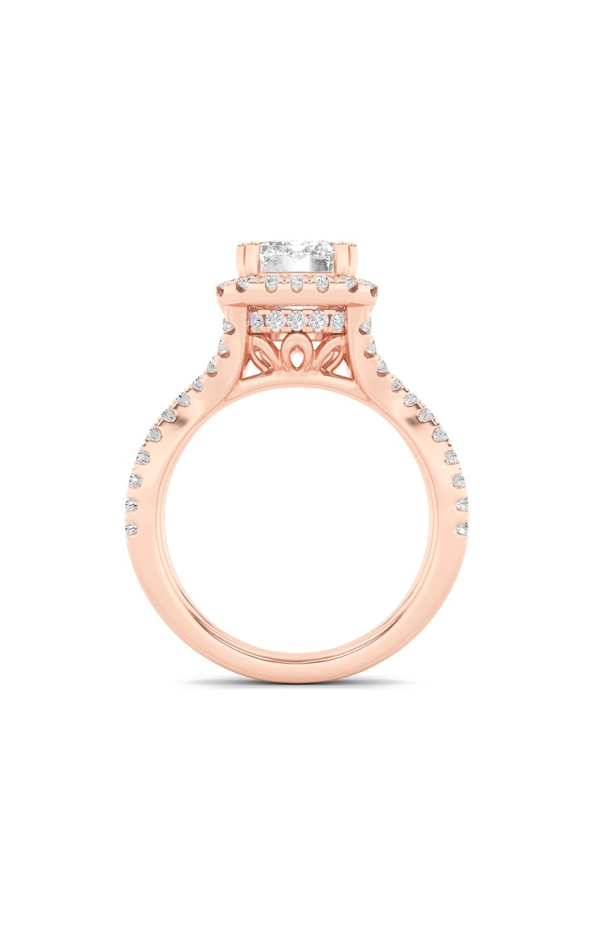 4Cttw Emerald Shaped Lab Grown Diamond (F/VS) Split Shank Halo Engagement Ring in 14K Gold