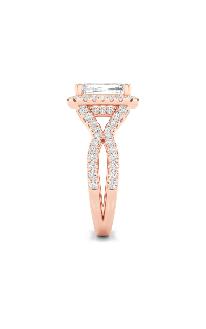 4Cttw Emerald Shaped Lab Grown Diamond (F/VS) Split Shank Halo Engagement Ring in 14K Gold
