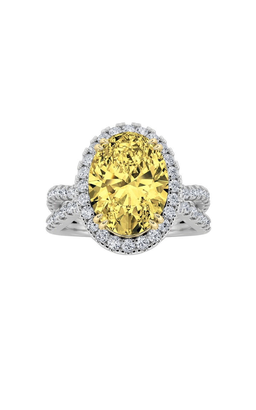 4Cttw Oval Shaped Lab Grown Diamond (F/VS) Split Shank Halo Engagement Ring in 14K Gold