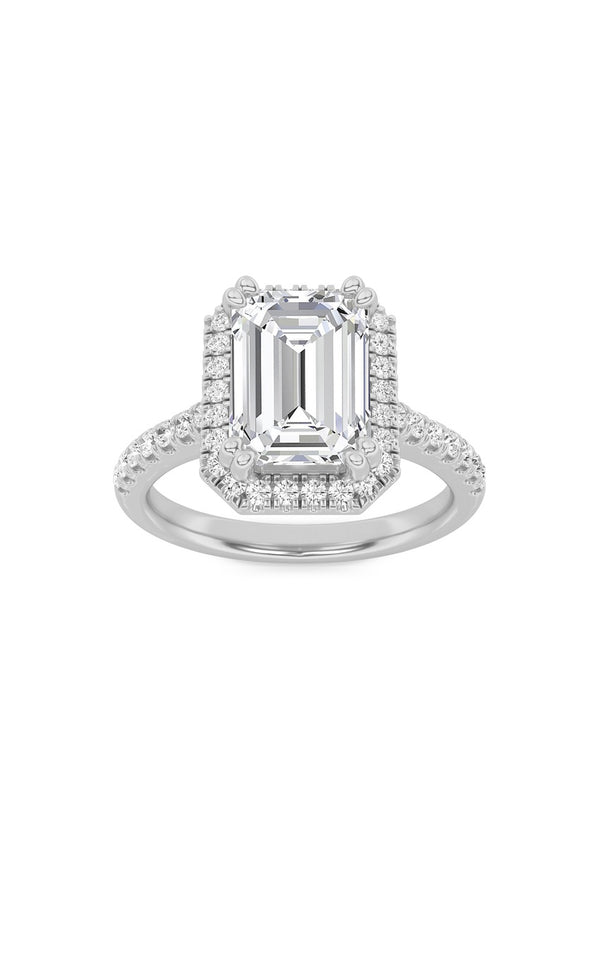 3Cttw Emerald Shaped Lab Grown Diamond (F/VS) Classic Halo Accented Engagement Ring in 14K Gold