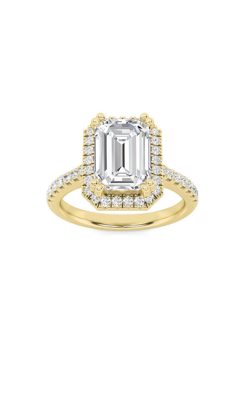 3Cttw Emerald Shaped Lab Grown Diamond (F/VS) Classic Halo Accented Engagement Ring in 14K Gold