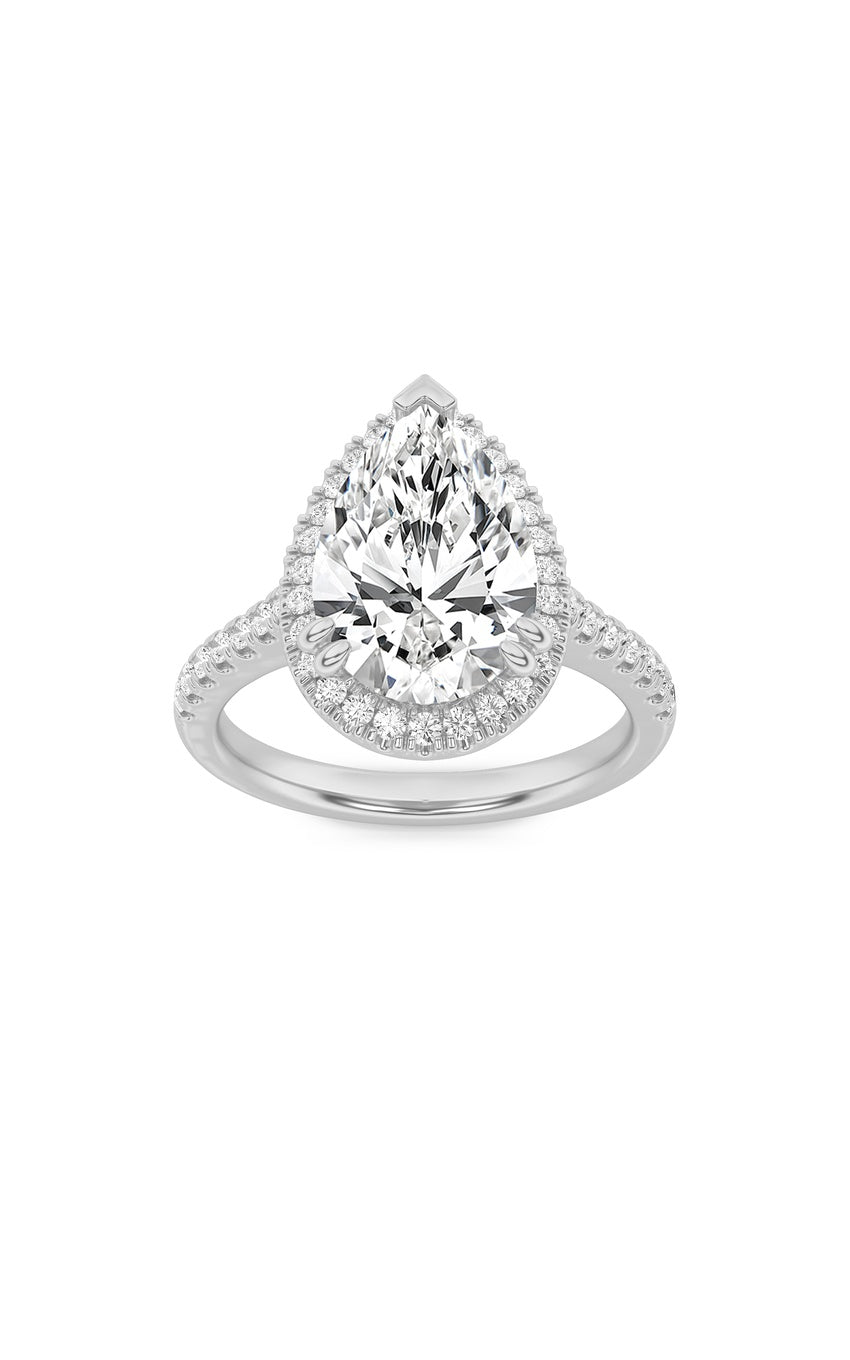 3Cttw Pear Shaped Lab Grown Diamond (F/VS) Classic Halo Accented Engagement Ring in 14K Gold