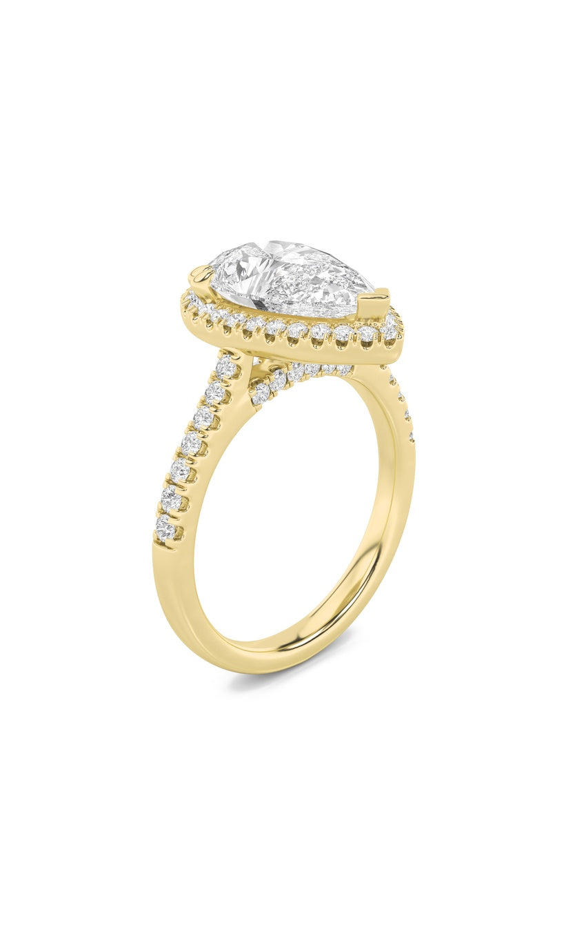 3Cttw Pear Shaped Lab Grown Diamond (F/VS) Classic Halo Accented Engagement Ring in 14K Gold