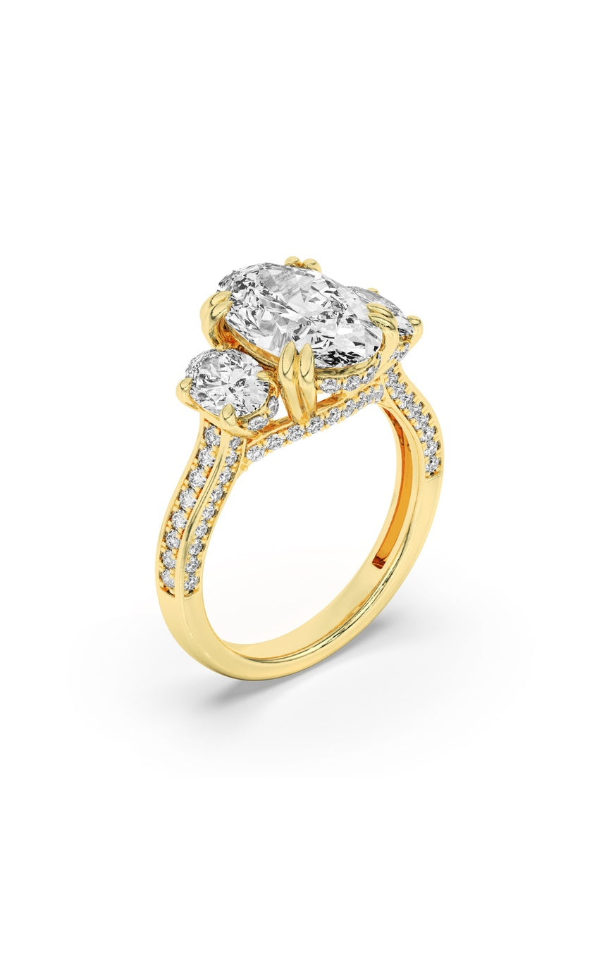 5Cttw Oval Shaped Lab Grown Diamond (F/VS) Three Stone Accented Engagement Ring in 14K Gold