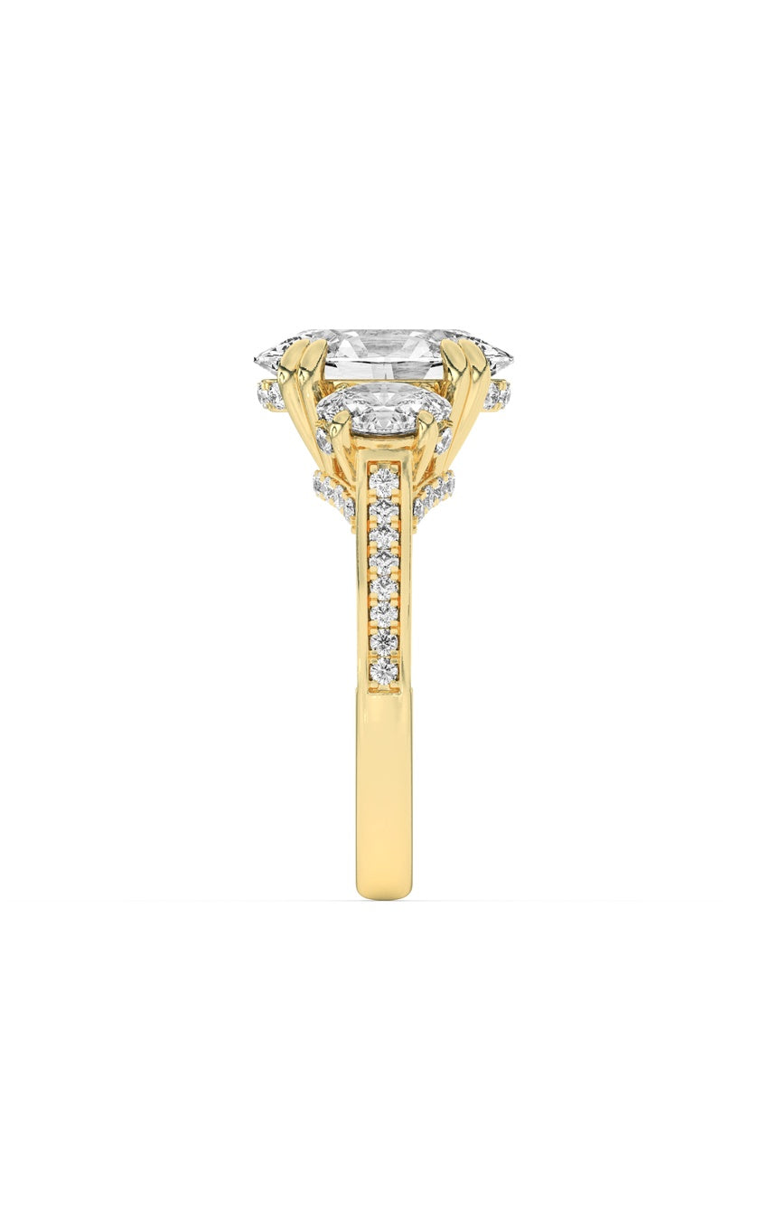 5Cttw Oval Shaped Lab Grown Diamond (F/VS) Three Stone Accented Engagement Ring in 14K Gold