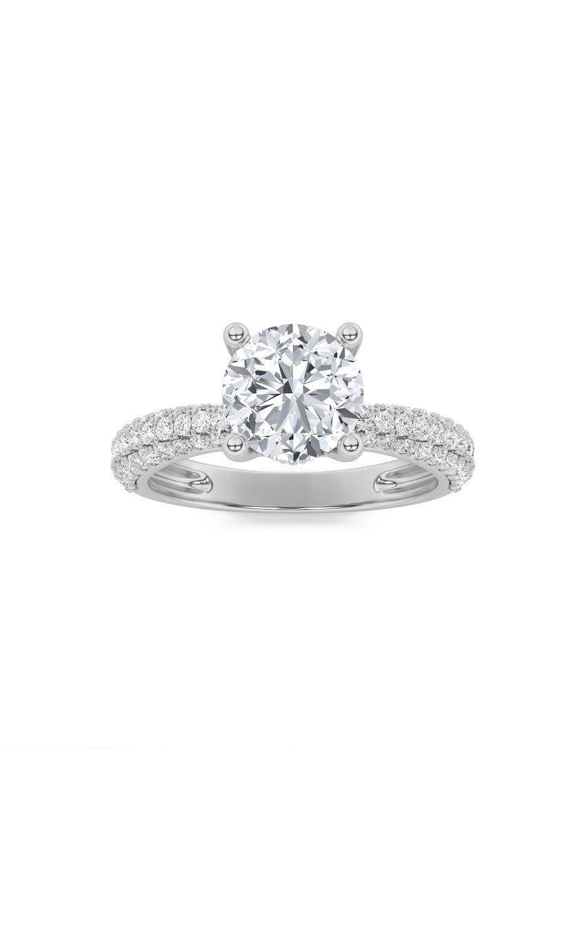 2Cttw Round Shaped Lab Grown Diamond (F/VS) Three Row Micro Pave Engagement Ring in 14K Gold