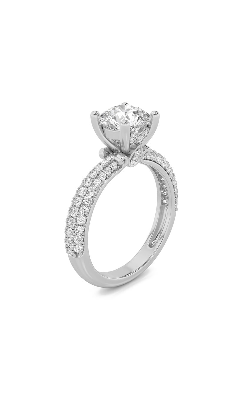 2Cttw Round Shaped Lab Grown Diamond (F/VS) Three Row Micro Pave Engagement Ring in 14K Gold