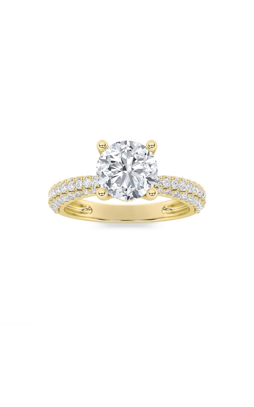 2Cttw Round Shaped Lab Grown Diamond (F/VS) Three Row Micro Pave Engagement Ring in 14K Gold