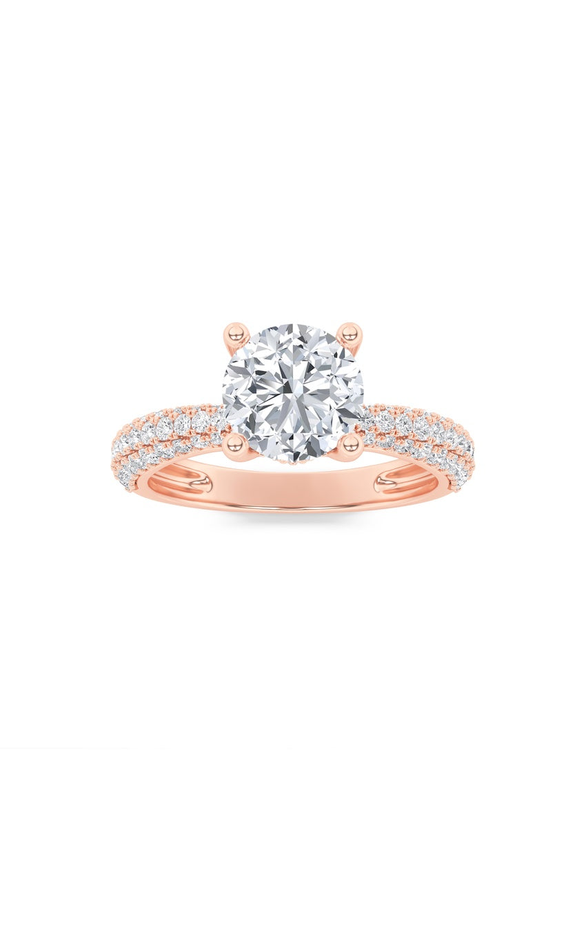 2Cttw Round Shaped Lab Grown Diamond (F/VS) Three Row Micro Pave Engagement Ring in 14K Gold