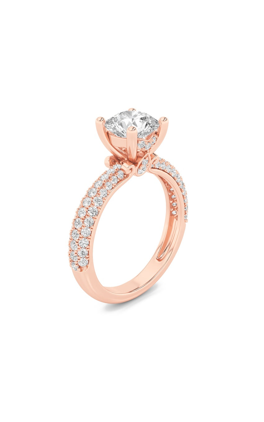 2Cttw Round Shaped Lab Grown Diamond (F/VS) Three Row Micro Pave Engagement Ring in 14K Gold