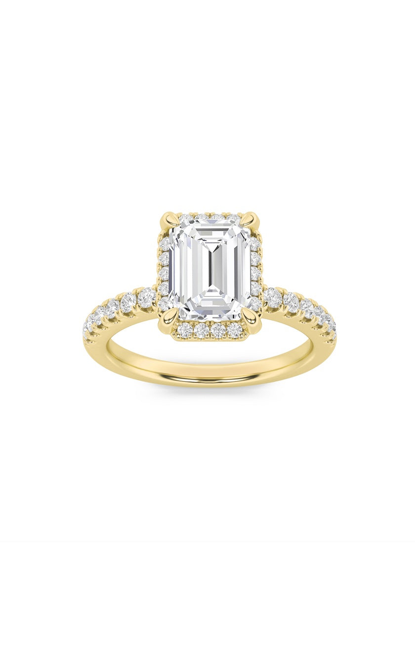 2Cttw Emerald Shaped Lab Grown Diamond (F/VS) Halo Accented Engagement Ring in 14K Gold