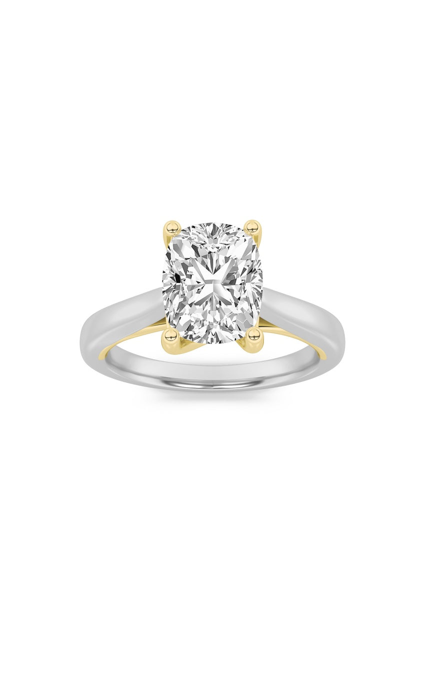 2Cttw Elongated Cushion Shaped Lab Grown Diamond (G/VS) Two Tone Cathedral Shank Engagement Ring in 14K Gold