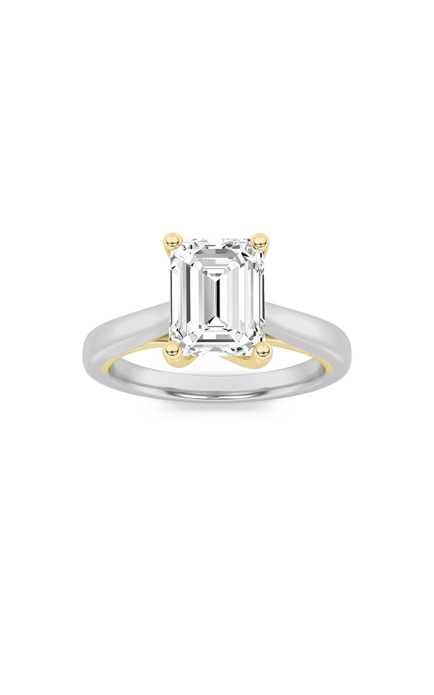 1Cttw Emerald Shaped Lab Grown Diamond (F/VS) Two Tone Cathedral Shank Engagement Ring in 14K Gold