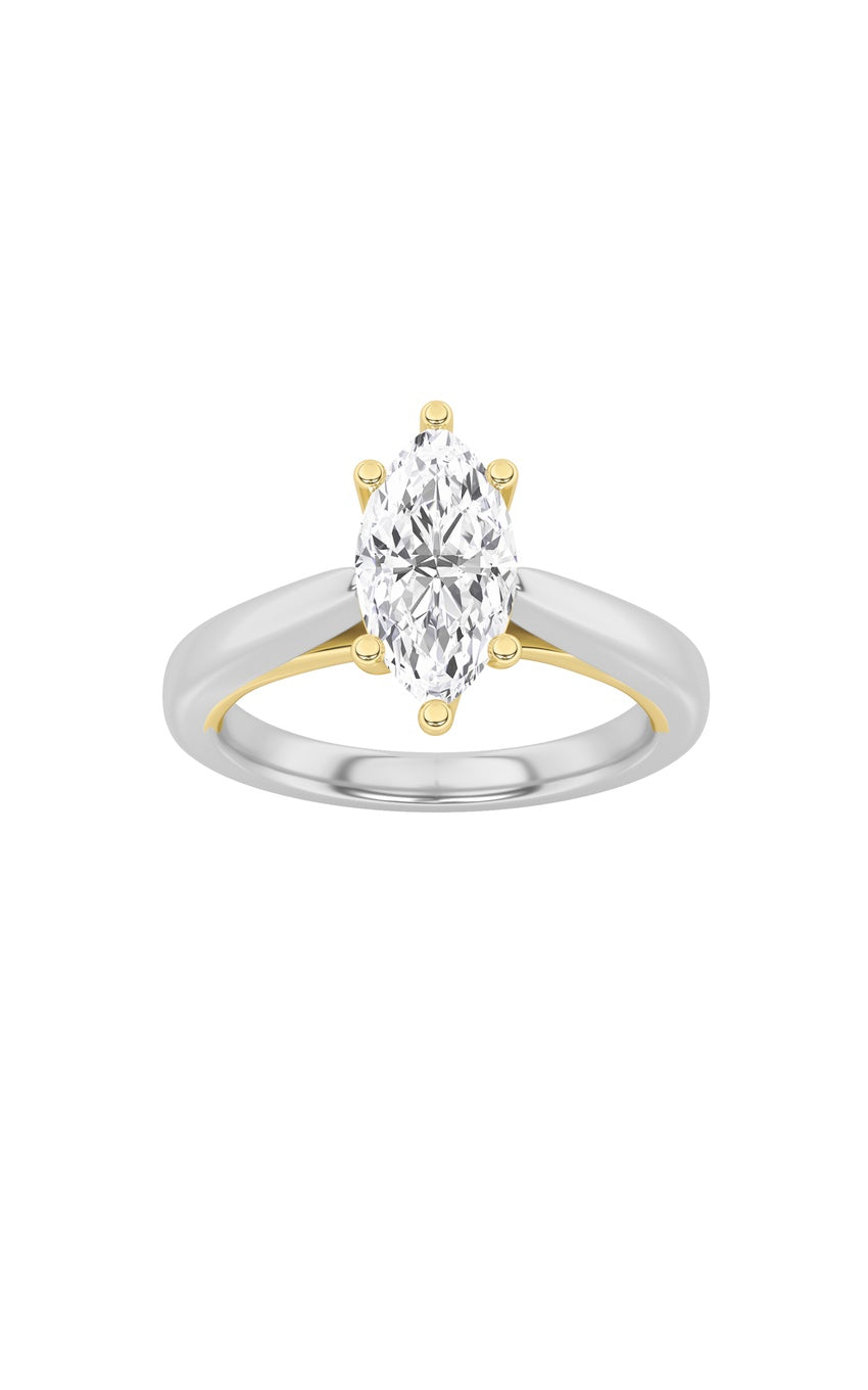 1Cttw Marquise Shaped Lab Grown Diamond (F/VS) Two Tone Six Prong Engagement Ring in 14K Gold
