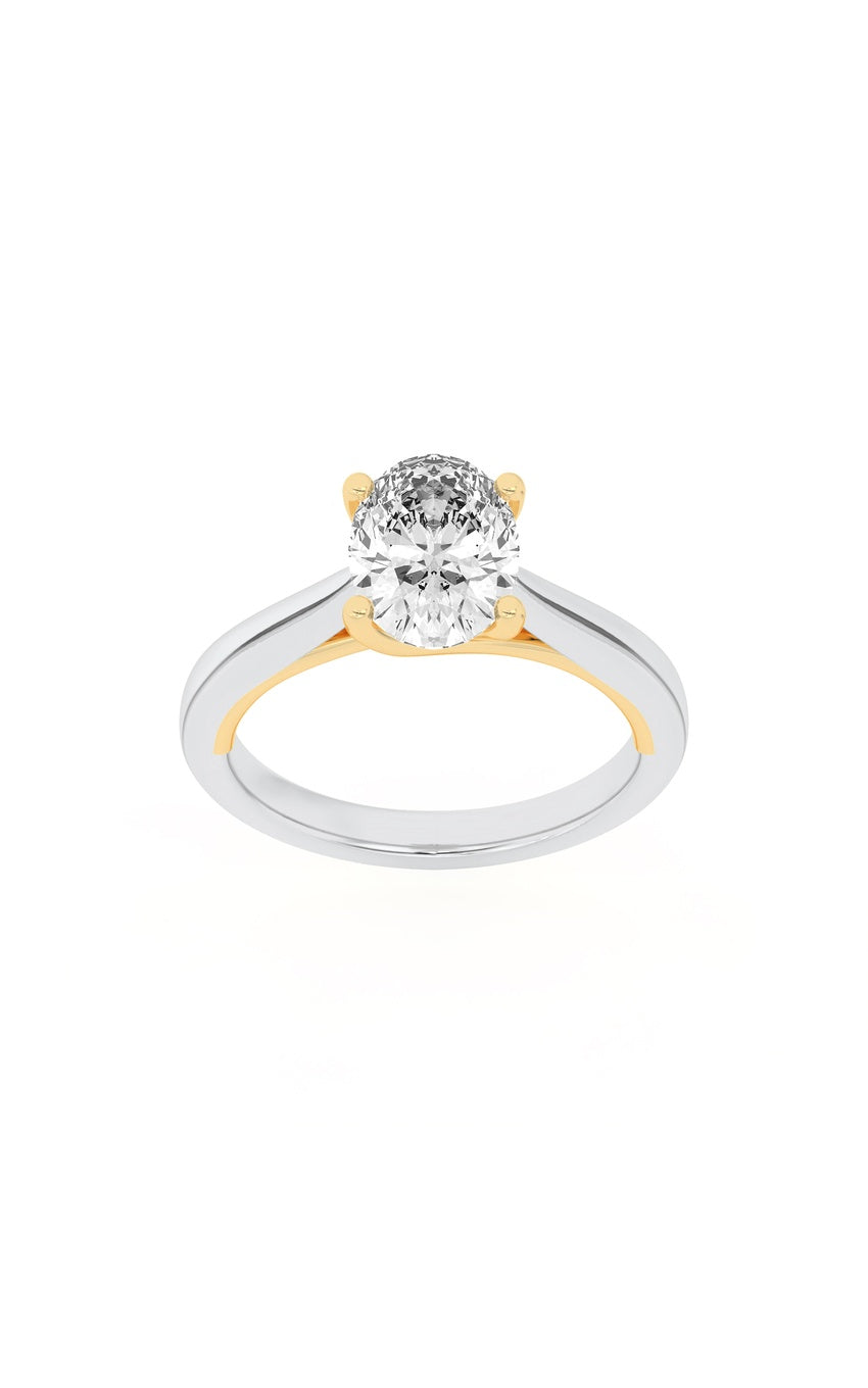 2Cttw Oval Shaped Lab Grown Diamond (F/VS) Two Tone Cathedral Shank Engagement Ring in 14K Gold