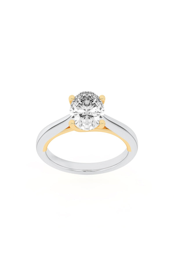 2Cttw Oval Shaped Lab Grown Diamond (F/VS) Two Tone Cathedral Shank Engagement Ring in 14K Gold