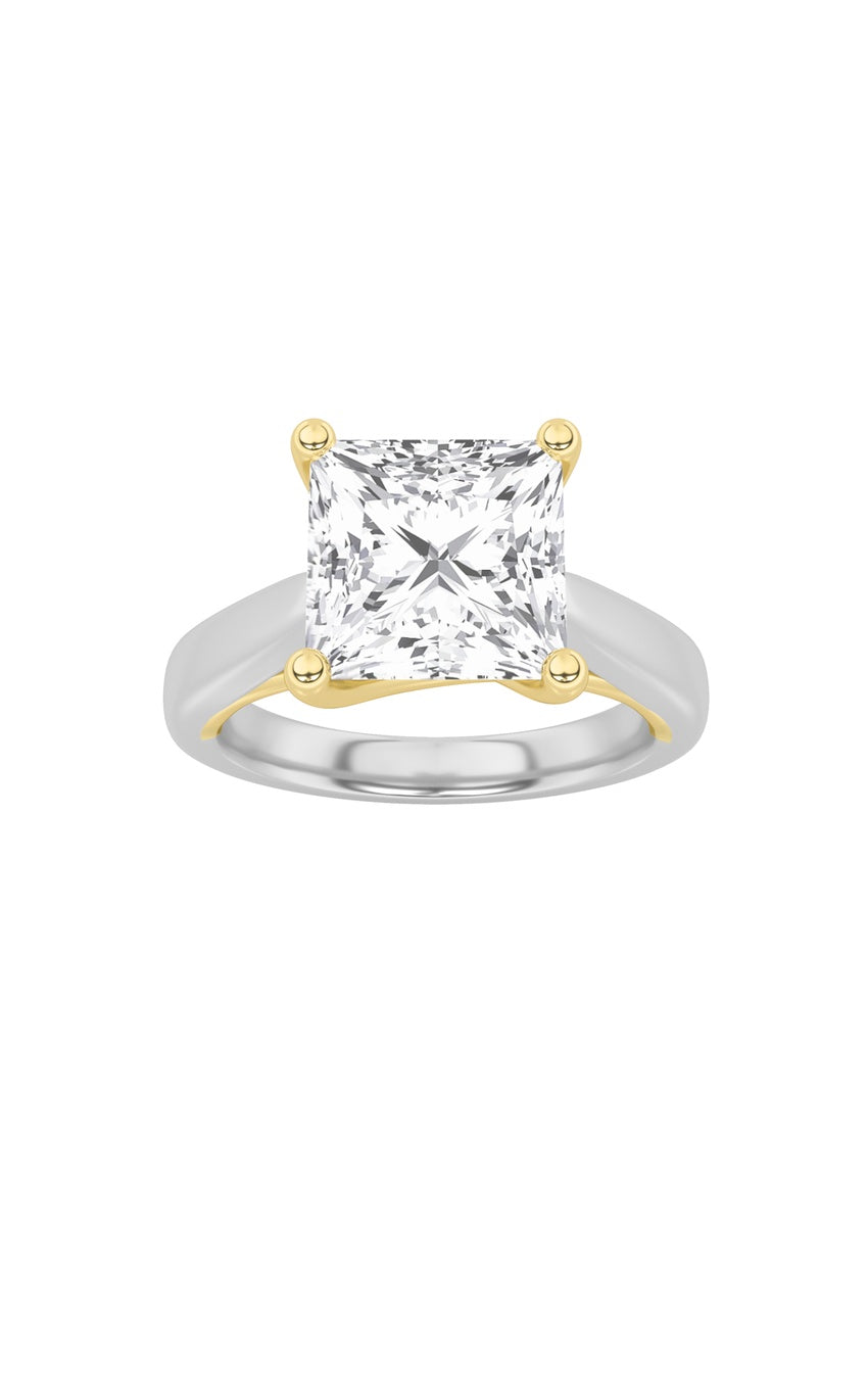 3Cttw Princess Shaped Lab Grown Diamond (F/VS) TwoTone Cathedral Shank Engagement Ring in 14K Gold