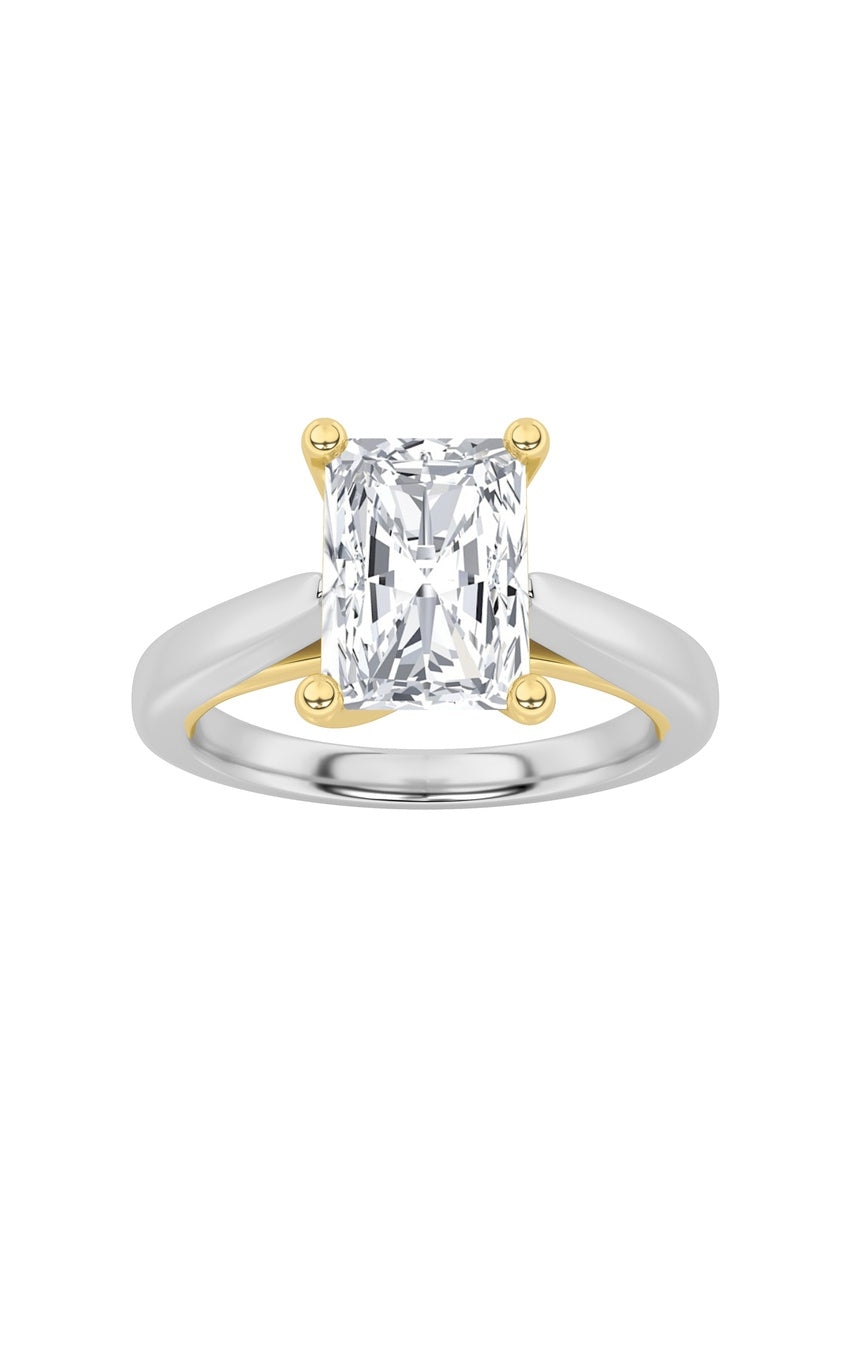3Cttw Radiant Shaped Lab Grown Diamond (F/VS) TwoTone Cathedral Shank Engagement Ring in 14K Gold