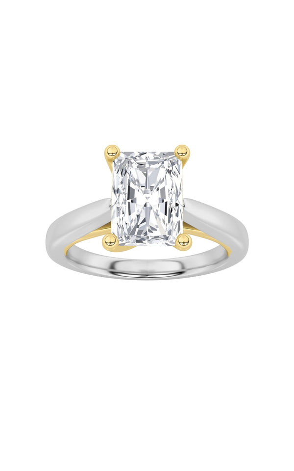 3Cttw Radiant Shaped Lab Grown Diamond (F/VS) TwoTone Cathedral Shank Engagement Ring in 14K Gold