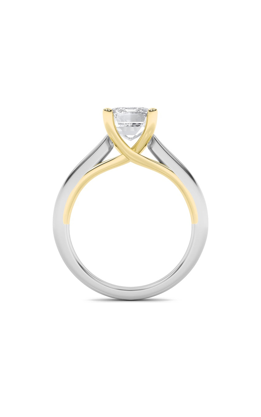 3Cttw Radiant Shaped Lab Grown Diamond (F/VS) TwoTone Cathedral Shank Engagement Ring in 14K Gold