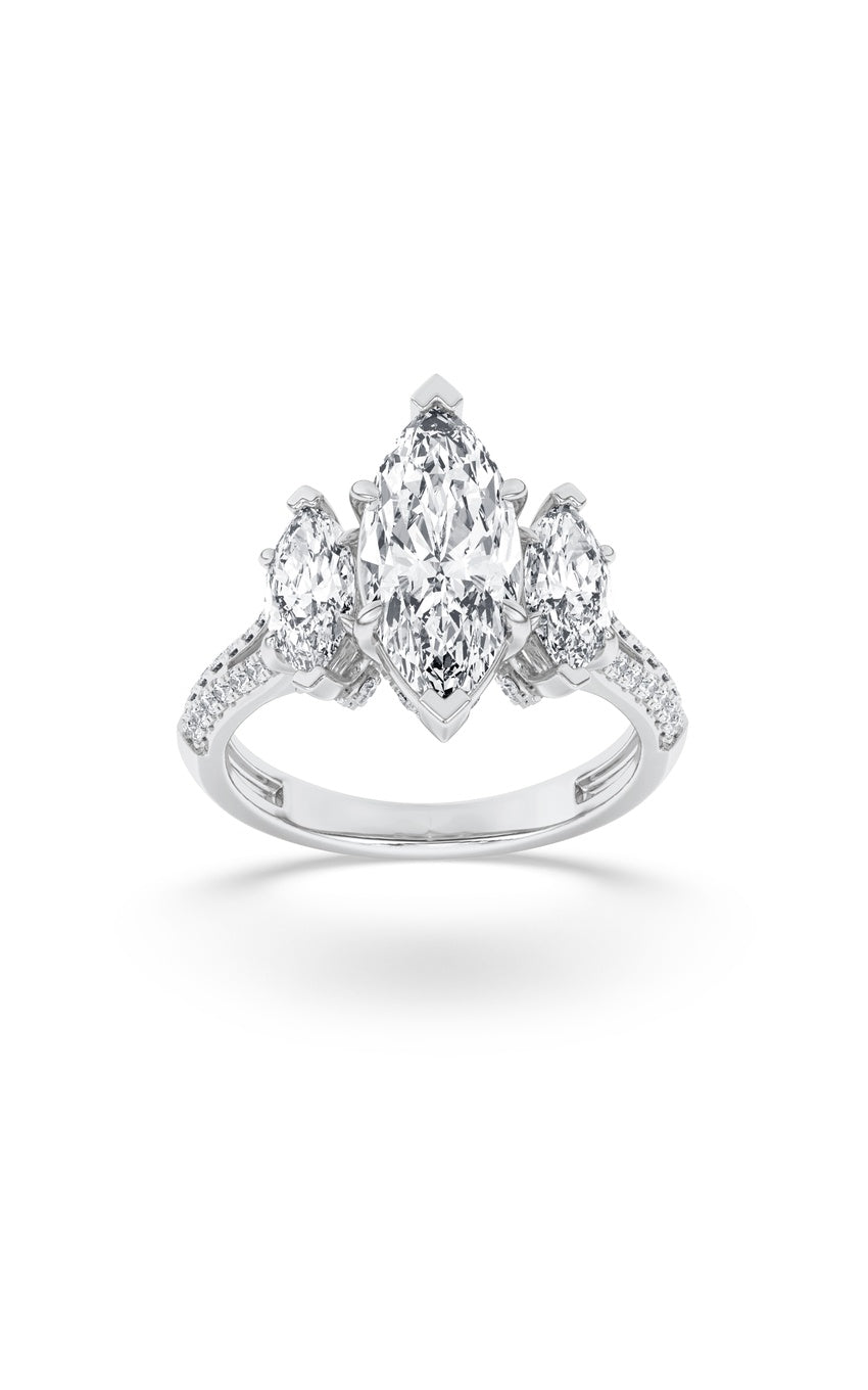4Cttw Marquise Shaped Lab Grown Diamond (G/VS) Three Stone Accented Engagement Ring in 14K Gold