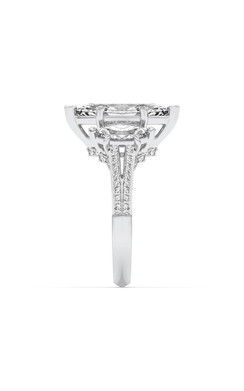 4Cttw Marquise Shaped Lab Grown Diamond (G/VS) Three Stone Accented Engagement Ring in 14K Gold