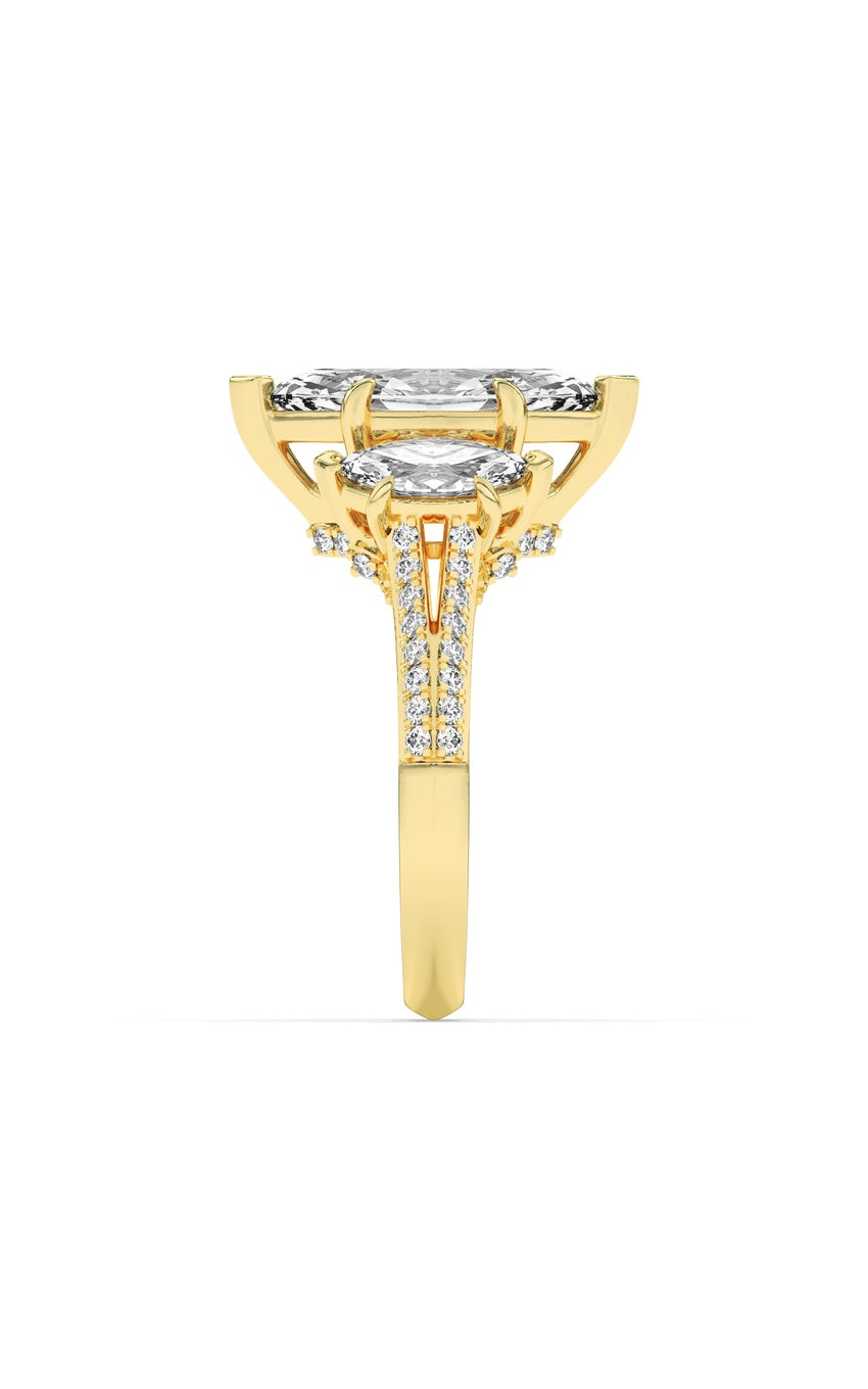 4Cttw Marquise Shaped Lab Grown Diamond (G/VS) Three Stone Accented Engagement Ring in 14K Gold