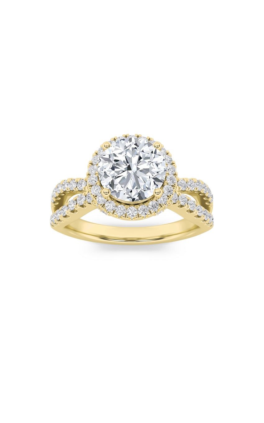 2Cttw Round Shaped Lab Grown Diamond (F/VS) Split Shank Halo Accented Engagement Ring in 14K Gold