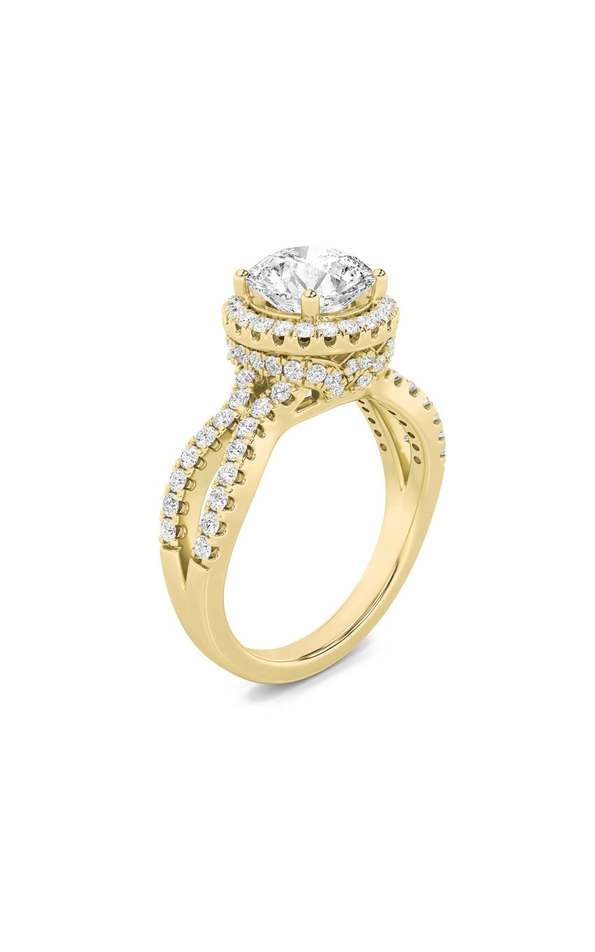 2Cttw Round Shaped Lab Grown Diamond (F/VS) Split Shank Halo Accented Engagement Ring in 14K Gold