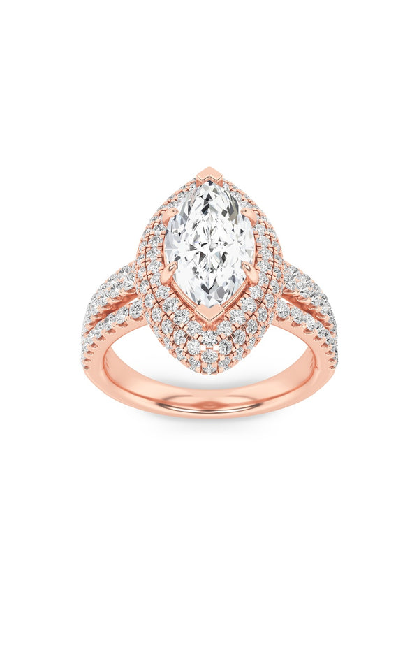 3Cttw Marquise Shaped Lab Grown Diamond (F/VS) Three Row Accented Halo Engagement Ring in 14K Gold
