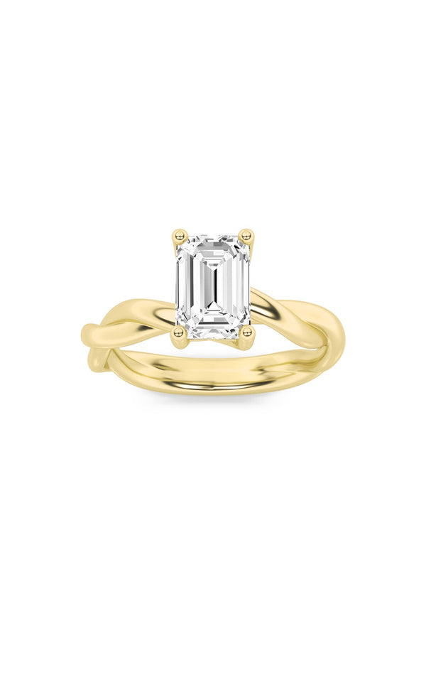 3Cttw Emerald Shaped Lab Grown Diamond (F/VS) Twisted Shank Solitaire Engagement Ring in 14K Gold