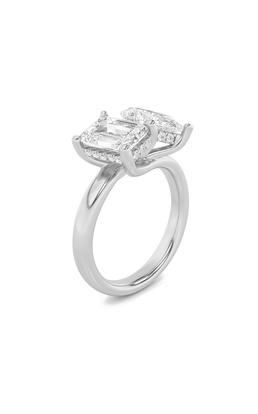 3Cttw Emerald Shaped Lab Grown Diamond (F/VS) Toi et Moi Engagement Ring in 14K Gold