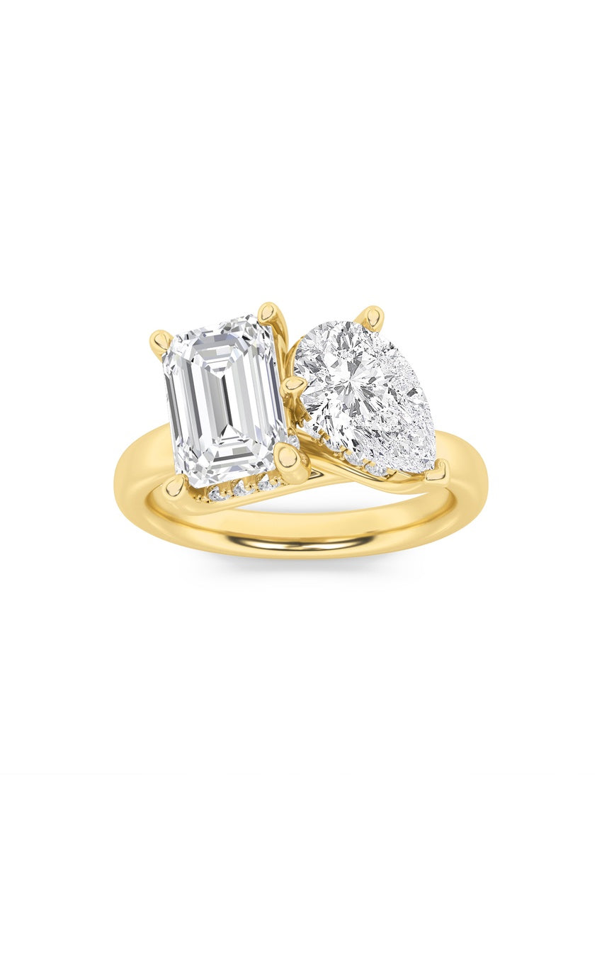 3Cttw Emerald Shaped Lab Grown Diamond (F/VS) Toi et Moi Engagement Ring in 14K Gold