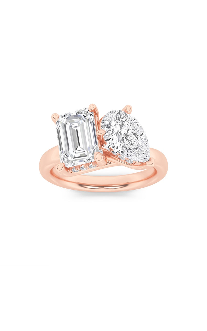 3Cttw Emerald Shaped Lab Grown Diamond (F/VS) Toi et Moi Engagement Ring in 14K Gold