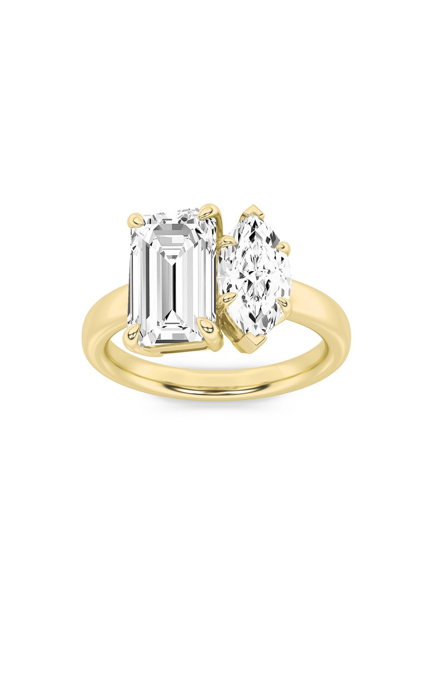 3Cttw Emerald Shaped Lab Grown Diamond (F/VS) Toi et Moi Engagement Ring in 14K Gold